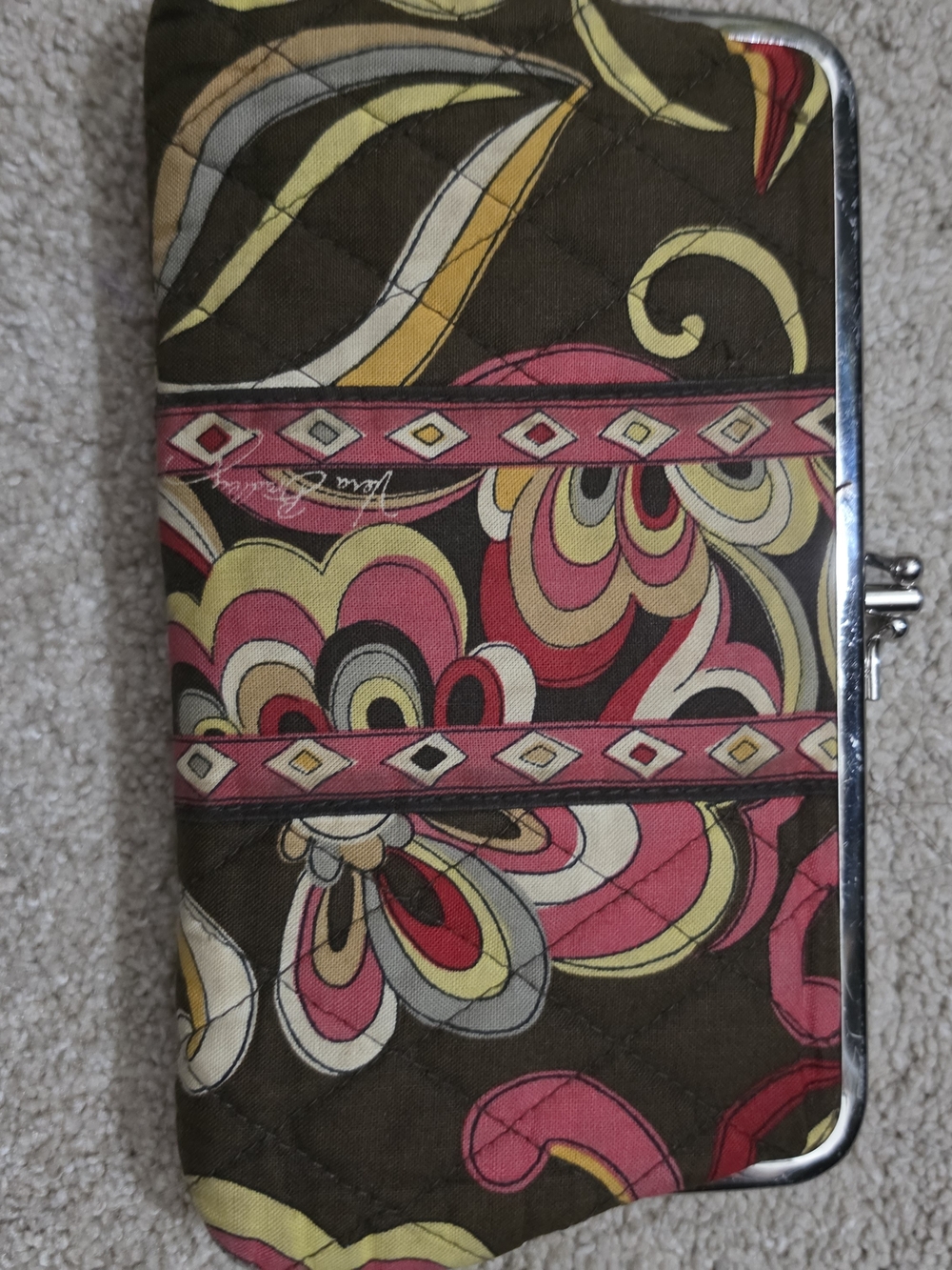 Vera Bradley Brown Quilted Floral Frame Wallet with Pink and Yellow Accents
